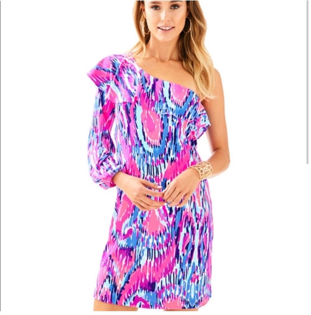 Lilly Pulitzer Dress Womens XL Pink Amante Silk Jersey Free Spirit One Shoulder